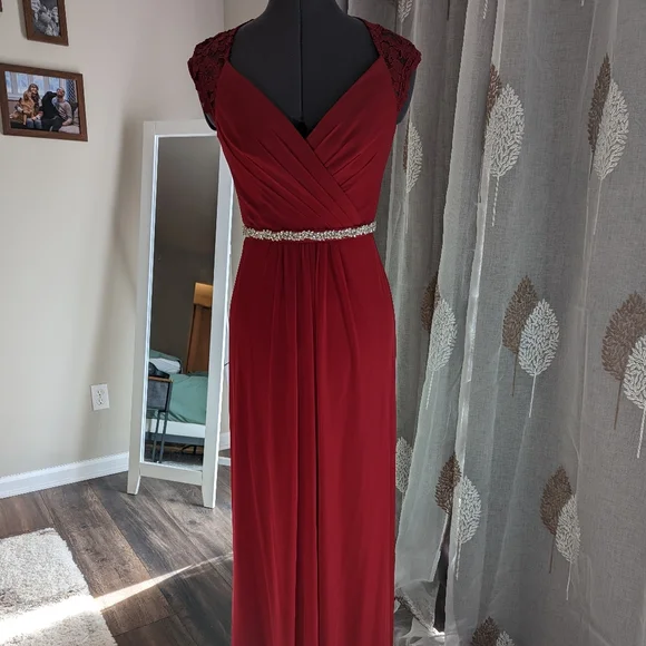 david's bridal long mesh dress Long Dress with Mesh and Swooping Cowl Back Detail